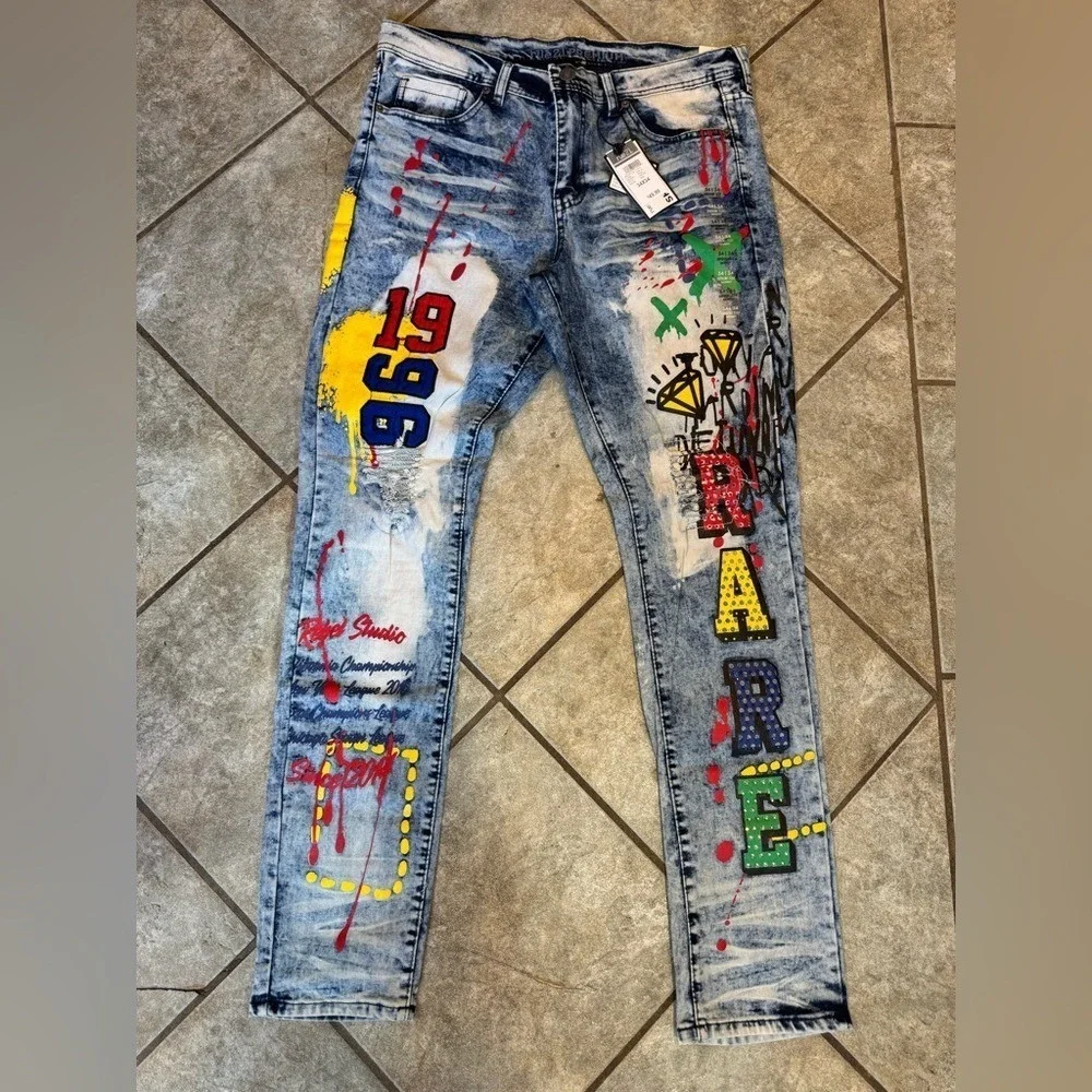 Men's rue21 Premium Supreme Flex‎ Skinny Jeans Graphic Paint Splatter NWT 32x34